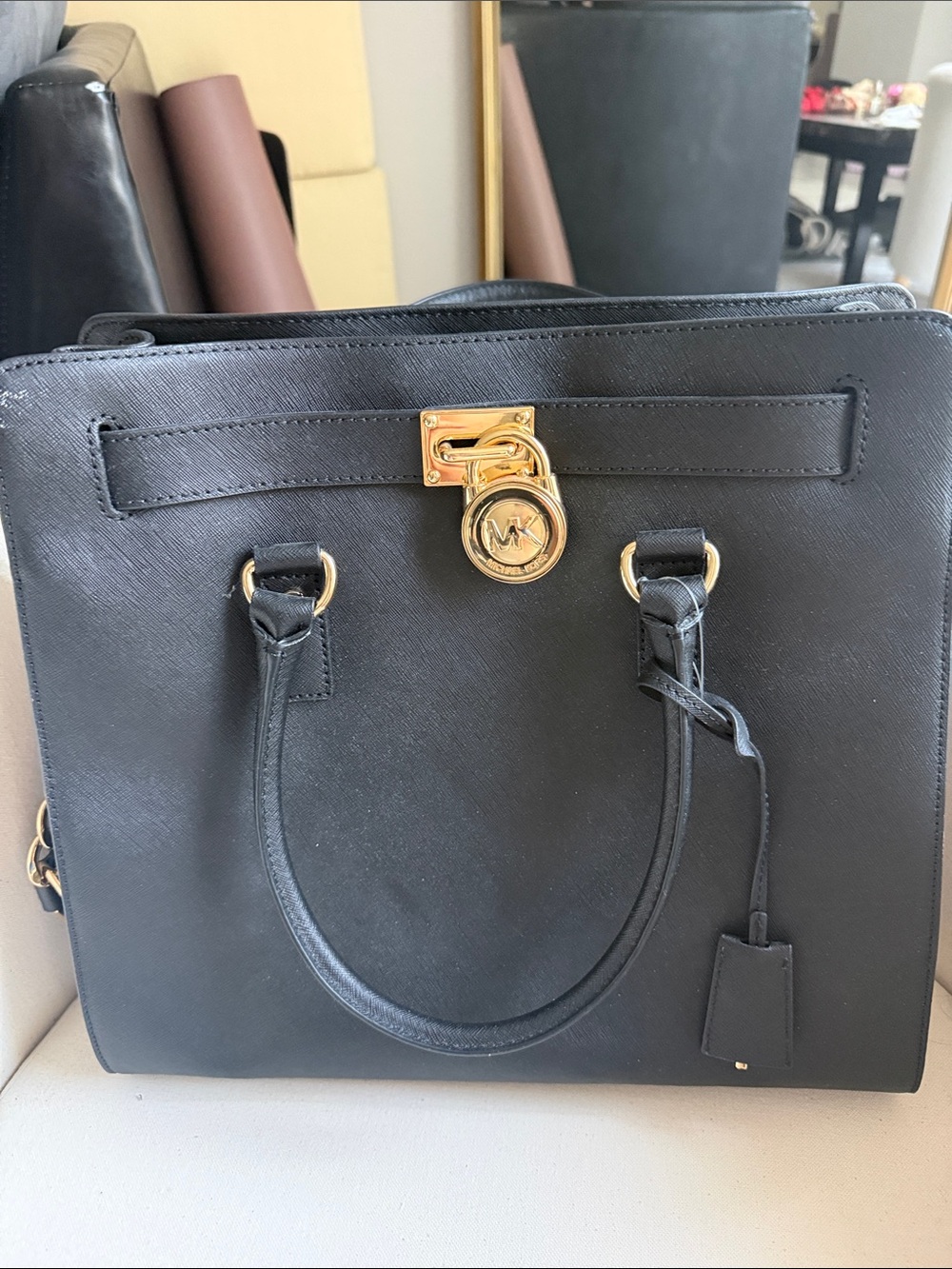 Michael Kors Black Saffiano Satchel with Gold Accent Lock